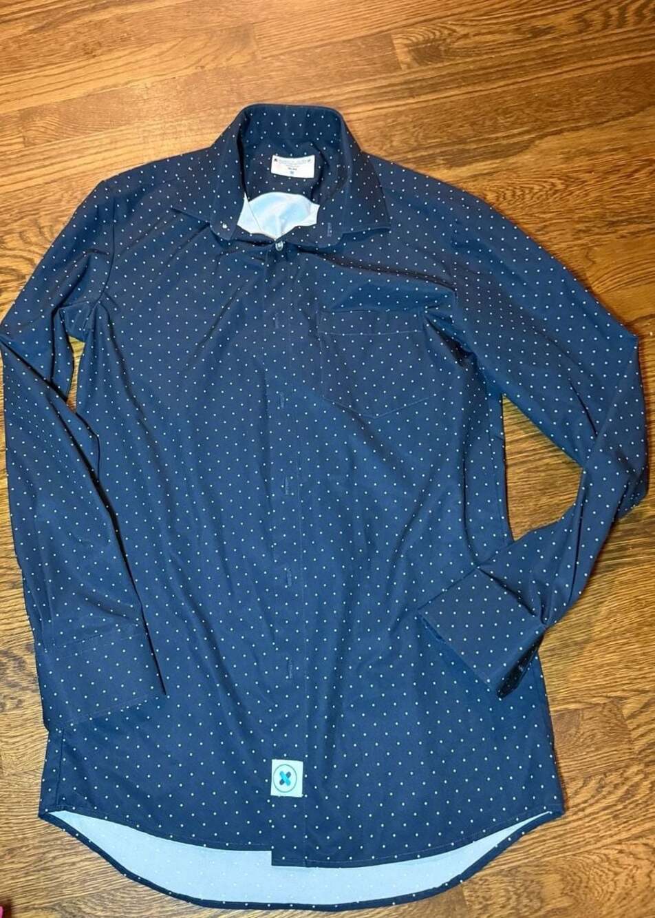 &Collar Slim Fit Shirt Mens Navy Blue with White Polka Dots Long Sleeve Size S